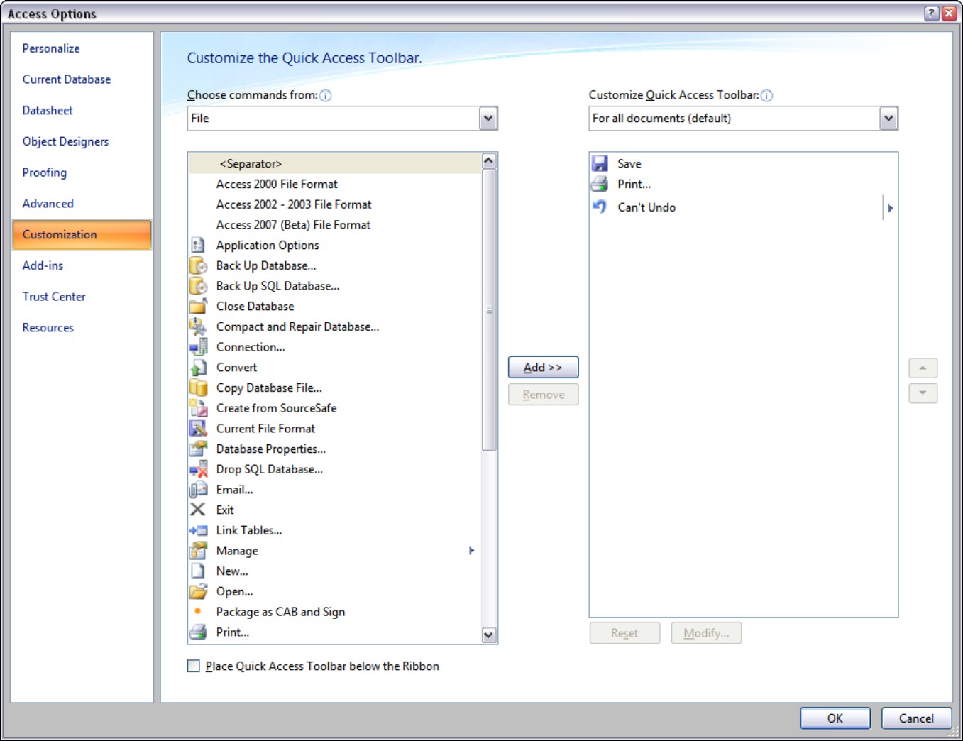 Creating a custom Quick Access bar in Access 2007 isn’t too difficult.